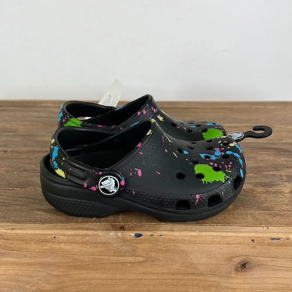 Crocs NEW black neon paint splatter classic slip on sling back clogs size 8